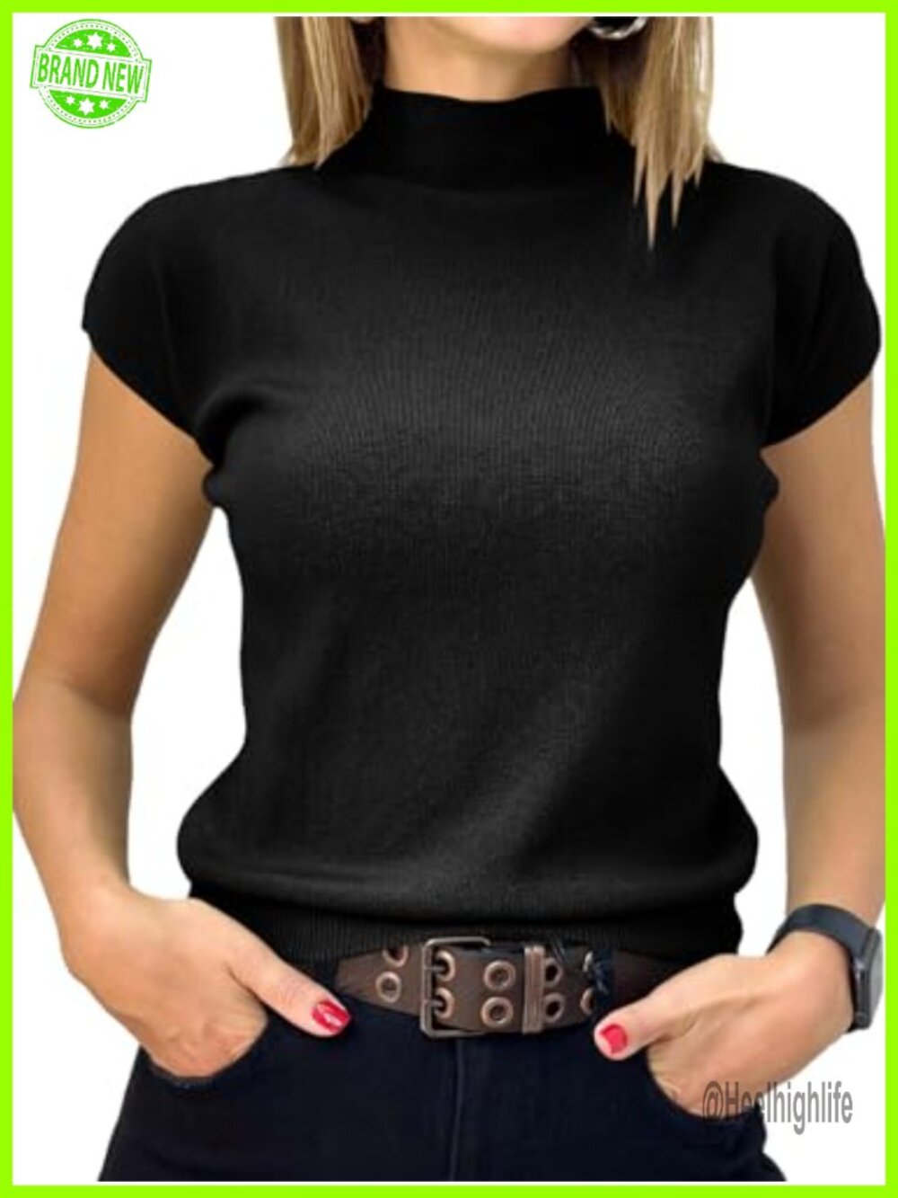 Womens Short Sleeve Mock Neck Ribbed Knit Pullover Sweater Slim Fit Top